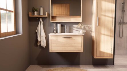 Modern naturel eiken badkamermeubel 80 cm met één lade en mat witte mineraalstenen wastafel