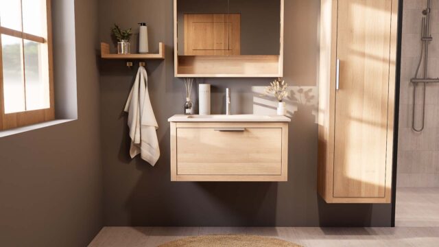 Modern naturel eiken badkamermeubel 80 cm met één lade en mat witte mineraalstenen wastafel