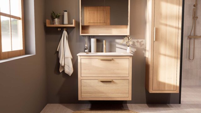 Modern naturel eiken badkamermeubel 80 cm met twee lades en mat witte mineraalstenen wastafel