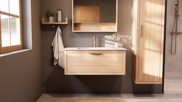 Modern naturel eiken badkamermeubel 100 cm met één lade en mat witte mineraalstenen wastafel