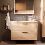 Modern naturel eiken badkamermeubel 100 cm met twee lades en mat witte mineraalstenen wastafel