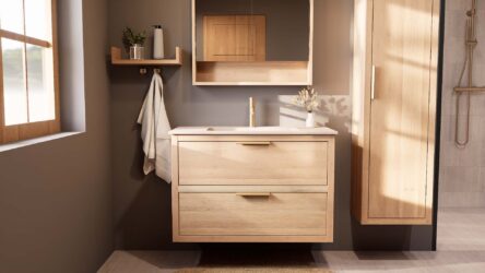 Modern naturel eiken badkamermeubel 100 cm met twee lades en mat witte mineraalstenen wastafel