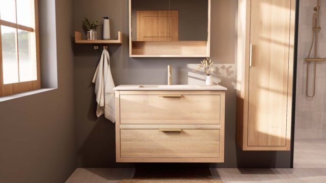 Modern naturel eiken badkamermeubel 100 cm met twee lades en Mat Beige mineraalstenen wastafel