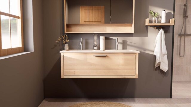 Hangend naturel eiken badkamermeubel 120 cm met één lade en dubbele mat witte mineraalstenen wastafel