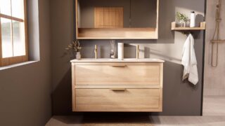 Hangend naturel eiken badkamermeubel 120 cm met twee lades en dubbele mat witte mineraalstenen wastafel