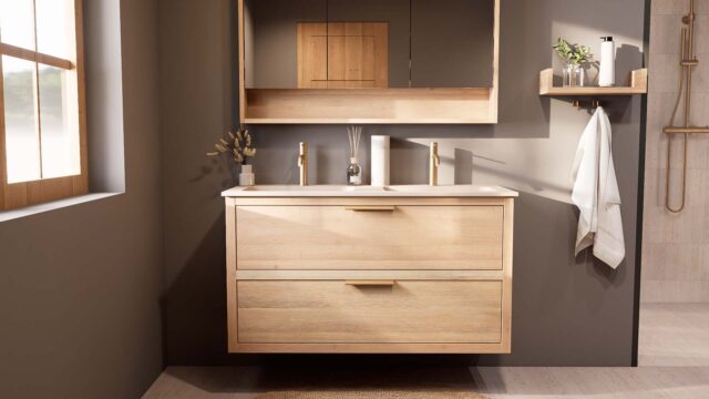 Hangend naturel eiken badkamermeubel 120 cm met twee lades en dubbele Mat Beige mineraalstenen wastafel