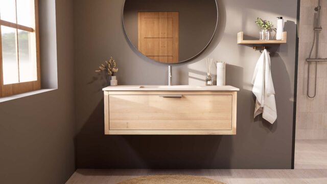 Hangend naturel eiken badkamermeubel 120 cm met één lade en mat witte mineraalstenen enkele wastafel