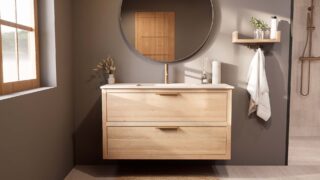 Hangend naturel eiken badkamermeubel 120 cm met twee lades en mat witte mineraalstenen enkele wastafel