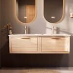 Modern naturel eiken badkamermeubel 140 cm met één lade en mat witte mineraalstenen wastafel