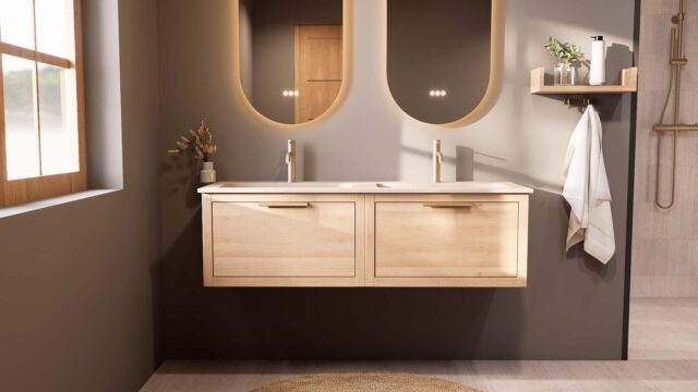 Modern naturel eiken badkamermeubel 140 cm met één lade en mat witte mineraalstenen wastafel