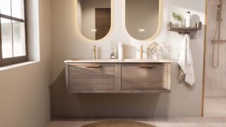Modern donker eiken badkamermeubel 140 cm met één lade en mat witte mineraalstenen wastafel