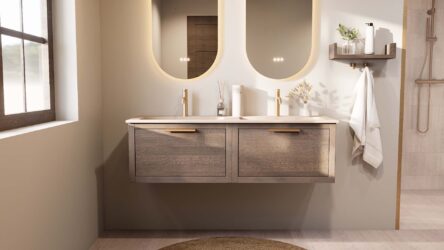 Modern donker eiken badkamermeubel 140 cm met één lade en mat witte mineraalstenen wastafel