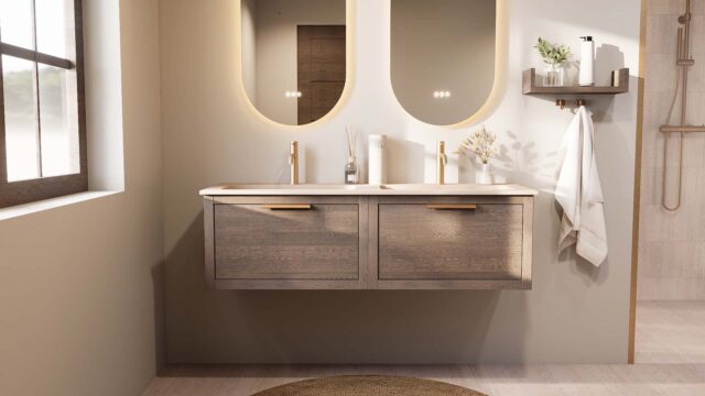 Modern donker eiken badkamermeubel 140 cm met één lade en mat witte mineraalstenen wastafel