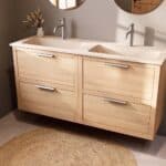 Modern naturel eiken badkamermeubel 140 cm met twee lades en mat witte mineraalstenen wastafel