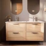 Modern naturel eiken badkamermeubel 140 cm met twee lades en mat witte mineraalstenen wastafel
