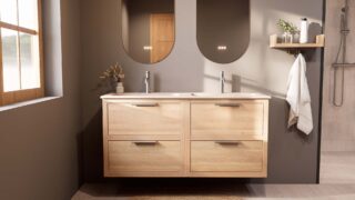 Modern naturel eiken badkamermeubel 140 cm met twee lades en mat witte mineraalstenen wastafel