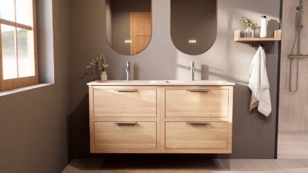 Modern naturel eiken badkamermeubel 140 cm met twee lades en mat witte mineraalstenen wastafel