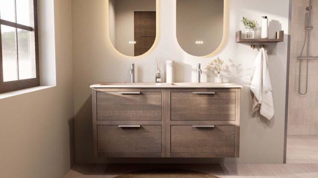 Modern donker eiken badkamermeubel 140 cm met twee lades en mat witte mineraalstenen wastafel