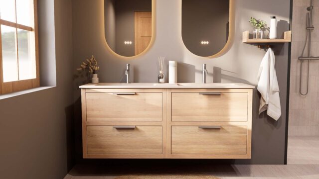 Modern naturel eiken badkamermeubel 160 cm met twee lades en mat witte mineraalstenen wastafel