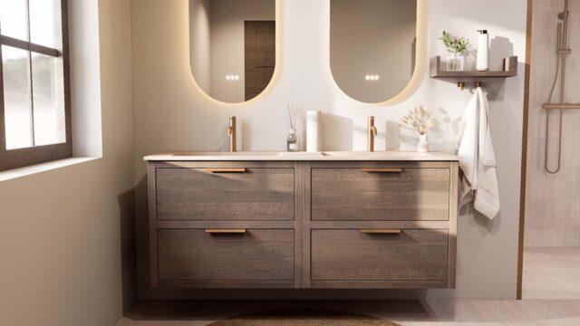 Modern donker eiken badkamermeubel 160 cm met twee lades en mat witte mineraalstenen wastafel