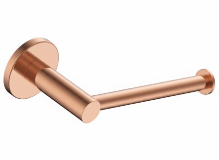 Strakke toiletrolhouder uit de Grav serie, uitgevoerd in geborsteld koper met duurzame PVD-coating. Voor wandmontage. De afwerking sluit exact aan bij de geborsteld koperen PVD-afwerking van de Van Heck kranen.
