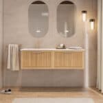 Modern naturel eiken badkamermeubel 80 cm met één lade en mat beige mineraalstenen wastafel