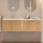 Modern naturel eiken badkamermeubel 80 cm met één lade en mat beige mineraalstenen wastafel