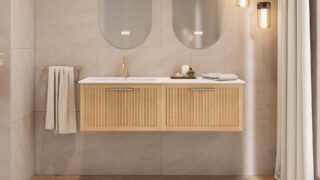 Modern naturel eiken badkamermeubel 80 cm met één lade en mat beige mineraalstenen wastafel