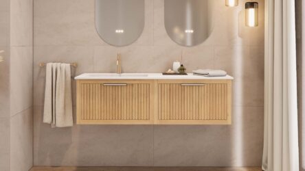 Modern naturel eiken badkamermeubel 80 cm met één lade en mat beige mineraalstenen wastafel