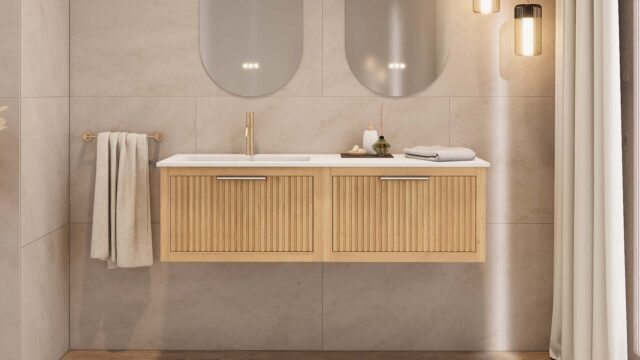 Modern naturel eiken badkamermeubel 80 cm met één lade en mat beige mineraalstenen wastafel