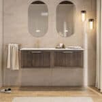 Modern donker eiken badkamermeubel 80 cm met één lade en mat beige mineraalstenen wastafel