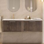 Modern donker eiken badkamermeubel 80 cm met één lade en mat beige mineraalstenen wastafel
