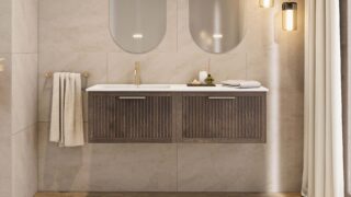 Modern donker eiken badkamermeubel 80 cm met één lade en mat beige mineraalstenen wastafel