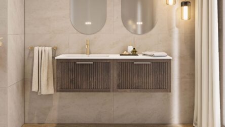Modern donker eiken badkamermeubel 80 cm met één lade en mat beige mineraalstenen wastafel