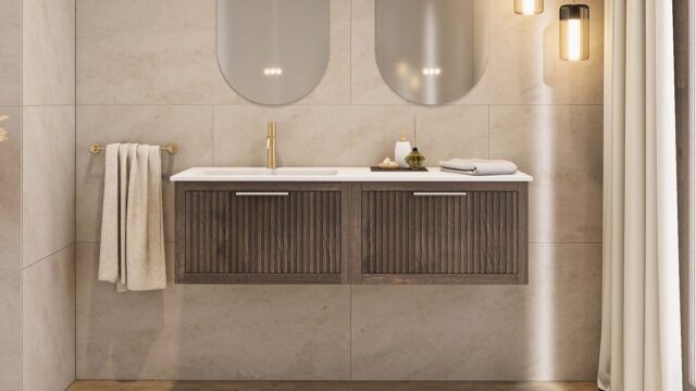 Modern donker eiken badkamermeubel 80 cm met één lade en mat beige mineraalstenen wastafel