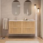 Modern naturel eiken badkamermeubel 100 cm met één lade en mat beige mineraalstenen wastafel