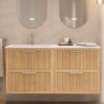 Modern naturel eiken badkamermeubel 100 cm met één lade en mat beige mineraalstenen wastafel