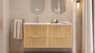 Modern naturel eiken badkamermeubel 100 cm met één lade en mat beige mineraalstenen wastafel