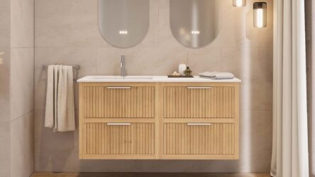 Modern naturel eiken badkamermeubel 100 cm met één lade en mat beige mineraalstenen wastafel