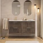 Modern donker eiken badkamermeubel 100 cm met één lade en mat beige mineraalstenen wastafel