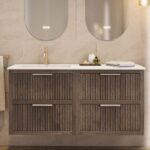 Modern donker eiken badkamermeubel 100 cm met één lade en mat beige mineraalstenen wastafel