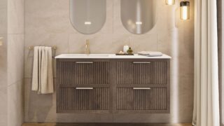 Modern donker eiken badkamermeubel 100 cm met één lade en mat beige mineraalstenen wastafel