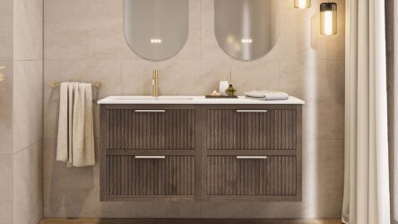 Modern donker eiken badkamermeubel 100 cm met één lade en mat beige mineraalstenen wastafel