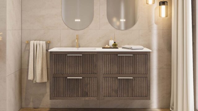 Modern donker eiken badkamermeubel 100 cm met één lade en mat beige mineraalstenen wastafel