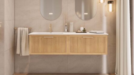 Hangend naturel eiken badkamermeubel 120 cm met één lade en dubbele mat beige mineraalstenen wastafel