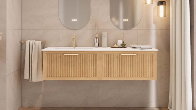 Hangend naturel eiken badkamermeubel 120 cm met één lade en dubbele mat beige mineraalstenen wastafel