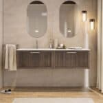 Hangend donker eiken badkamermeubel 120 cm met één lade en dubbele mat beige mineraalstenen wastafel