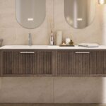 Hangend donker eiken badkamermeubel 120 cm met één lade en dubbele mat beige mineraalstenen wastafel