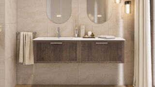 Hangend donker eiken badkamermeubel 120 cm met één lade en dubbele mat beige mineraalstenen wastafel