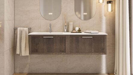 Hangend donker eiken badkamermeubel 120 cm met één lade en dubbele mat beige mineraalstenen wastafel